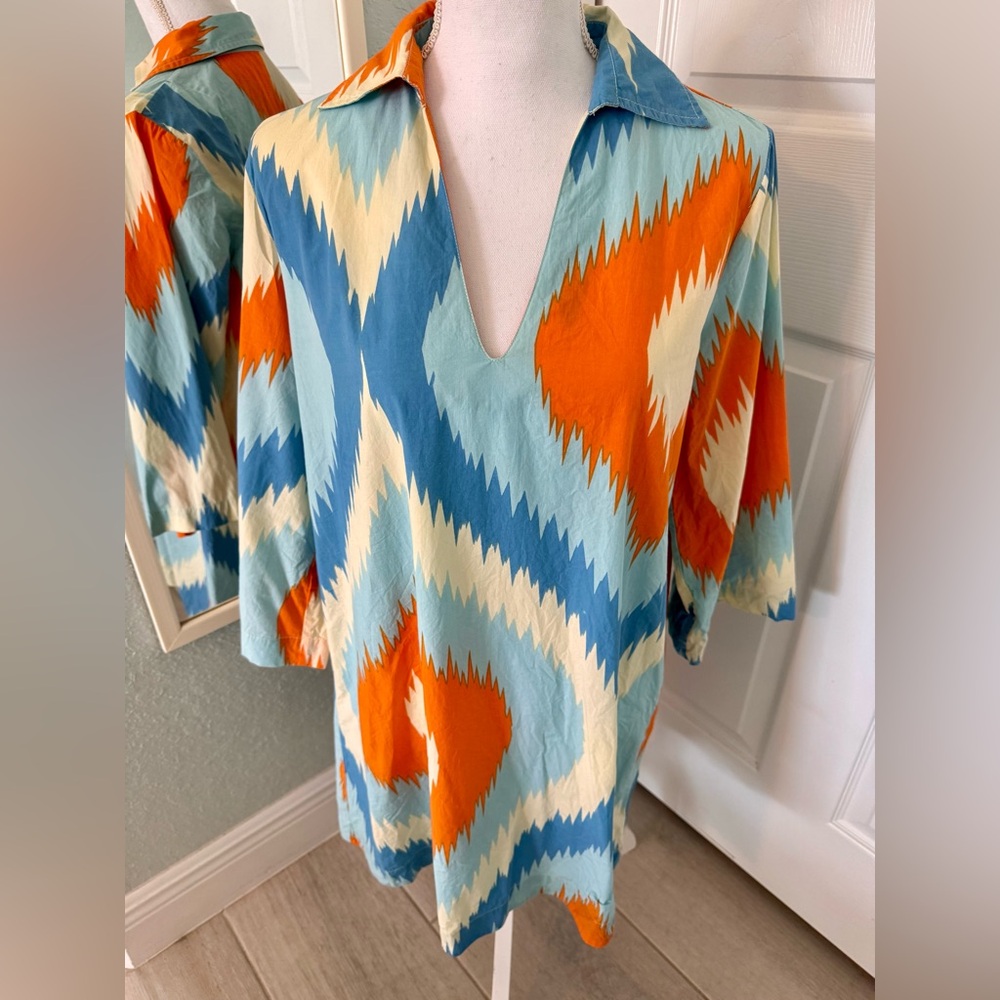 Olivia James The Label Blue Orange Geometric Cotton Shift Dress Medium